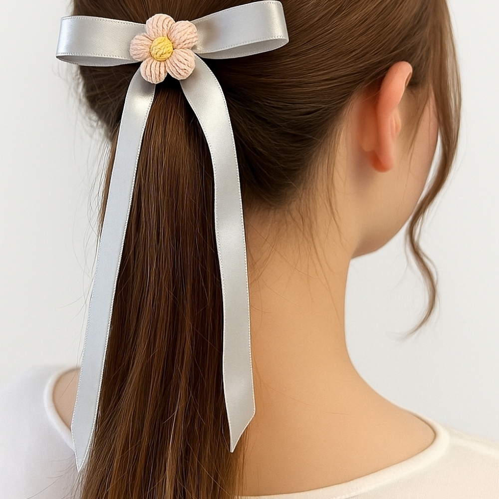 Hand Crafted Silver Bow Alligator Clip with Hand Knit Crochet Pink Puffy Flower